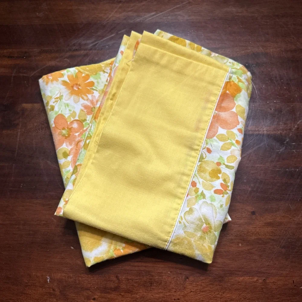 Vintage 60s 70s STANDARD Pillowcases Utica Stevens Yellow Peach Floral Set of 2
